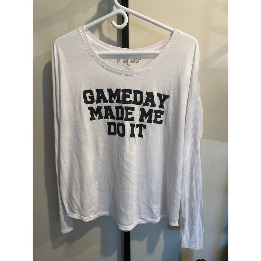 LIVE LOVE GAMEDAY Made Me Do It Long Sleeve Top Graphic Print White Women's L